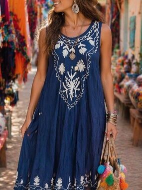 Boho Embroidered Blue Dress One Size Up to Size L Mexican Market Style Flowy